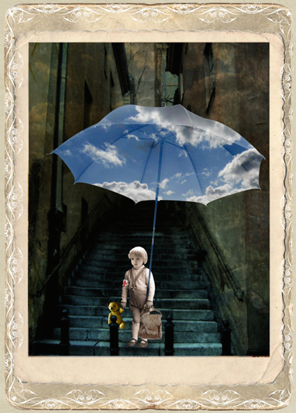 Kartka, na której znajduje się kolorowy obrazek, dzieci pod niebieskim parasolem.